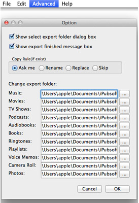ipod to mac transfer advanced settings